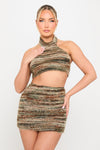Green Stripe Textured High Neck Top & Mini Skirt Co-Ord