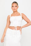 White Square Neck Lace Trim Tie Front Corset Top