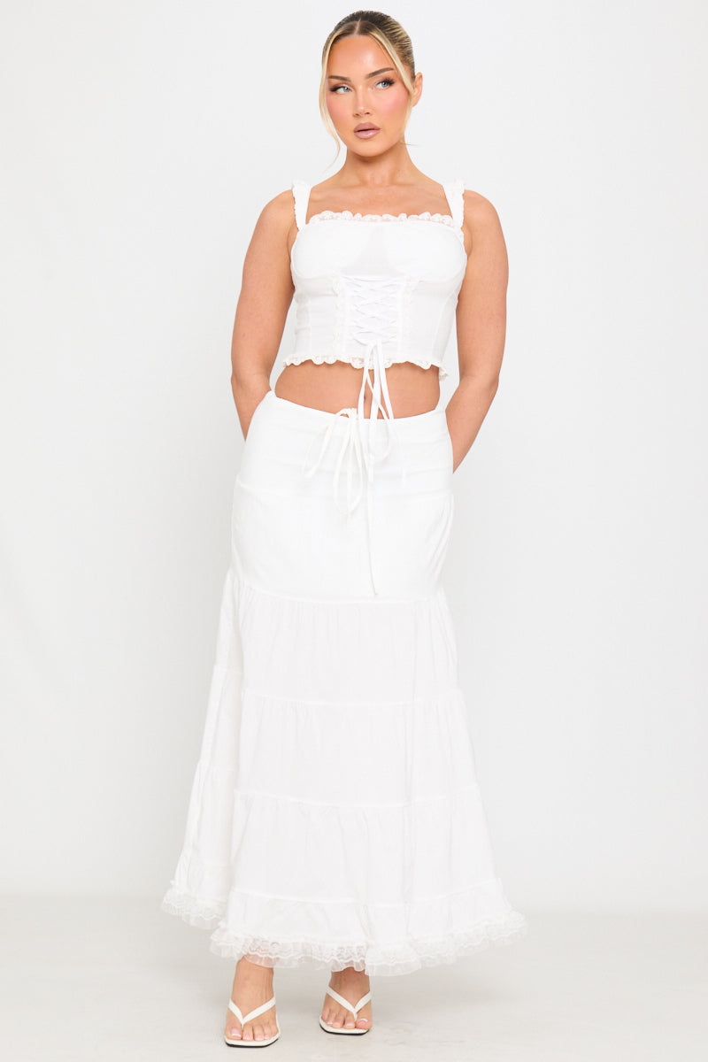 White Square Neck Lace Trim Tie Front Corset Top