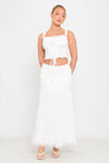 White Ruffle Trim Tiered Tie Detail Maxi Skirt