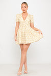 Yellow Floral Print Pleated Cotton Milkmaid Mini Dress