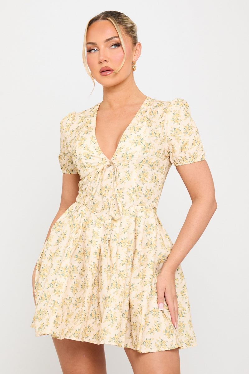 Yellow Floral Print Pleated Cotton Milkmaid Mini Dress