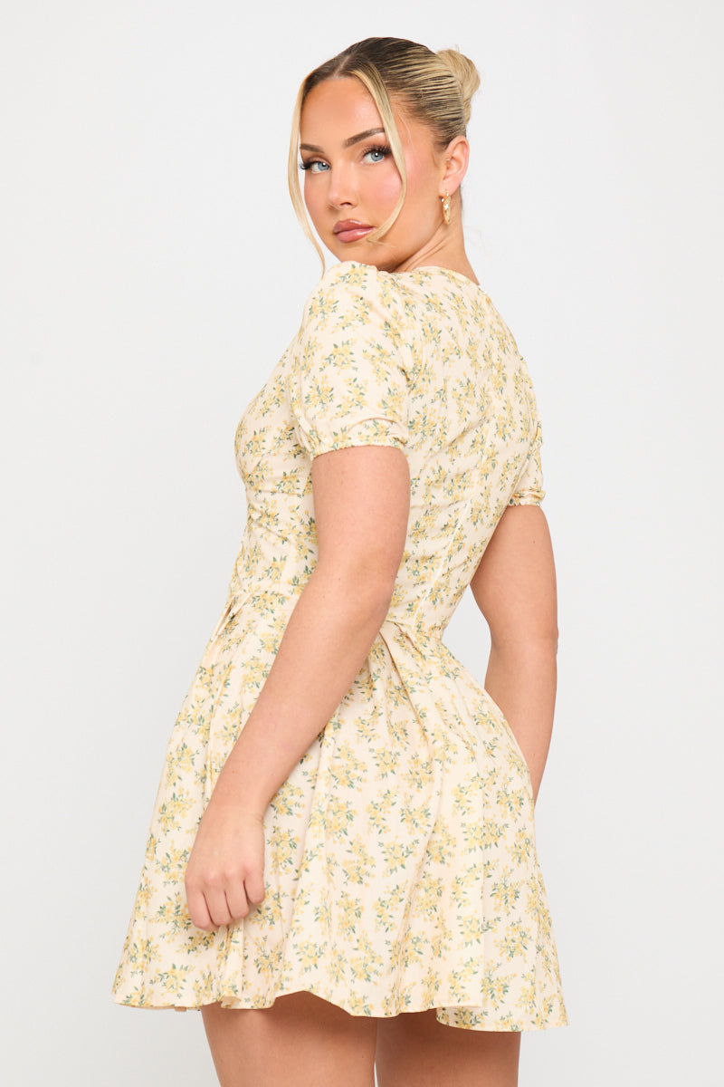 Yellow Floral Print Pleated Cotton Milkmaid Mini Dress