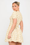 Yellow Floral Print Pleated Cotton Milkmaid Mini Dress