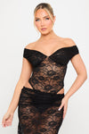 Black Lace Off Shoulder Bodysuit & Maxi Skirt Co-Ord