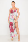 Multi Beaded Floral Print Backless Chiffon Maxi Dress