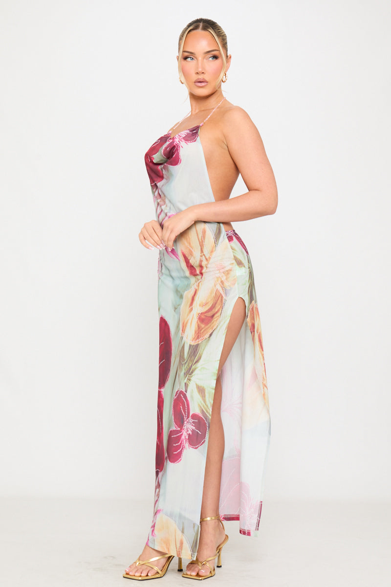 Multi Beaded Floral Print Backless Chiffon Maxi Dress