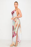 Multi Beaded Floral Print Backless Chiffon Maxi Dress