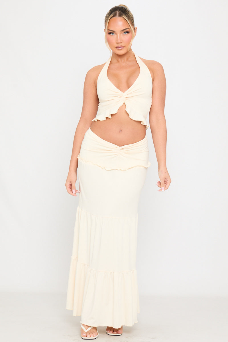 Cream Plunge Ruffle Halter Top & Maxi Skirt Co-Ord