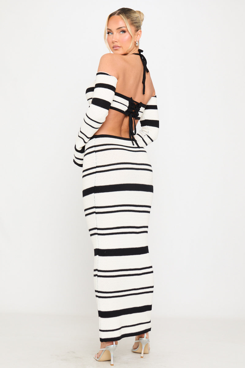 Black Contrast Crochet Off Shoulder Top & Maxi Skirt Co-Ord