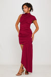 Burgundy High Neck Ruched Draped Mini Dress