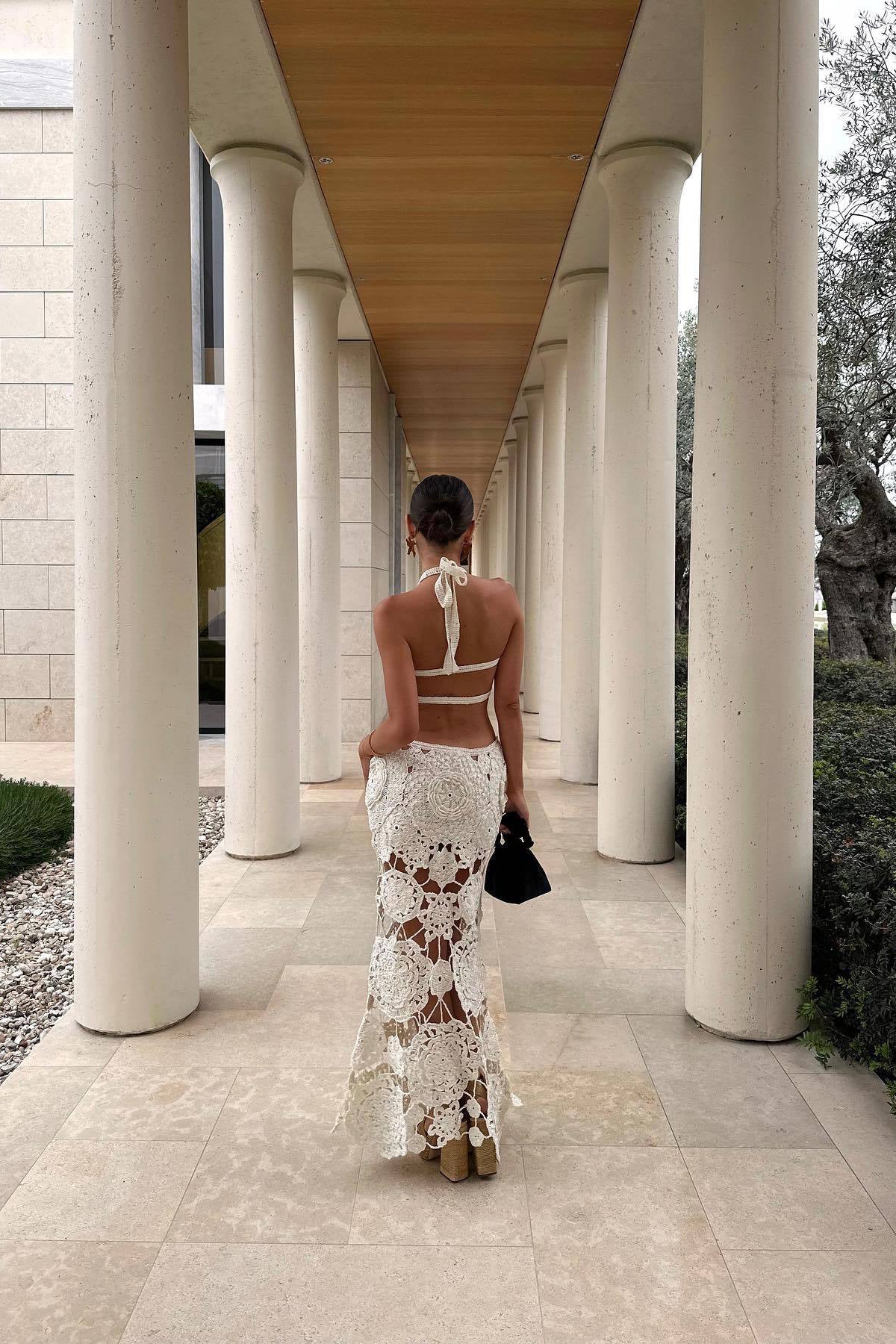 White Crochet Halter Neck Cut Out Maxi Dress