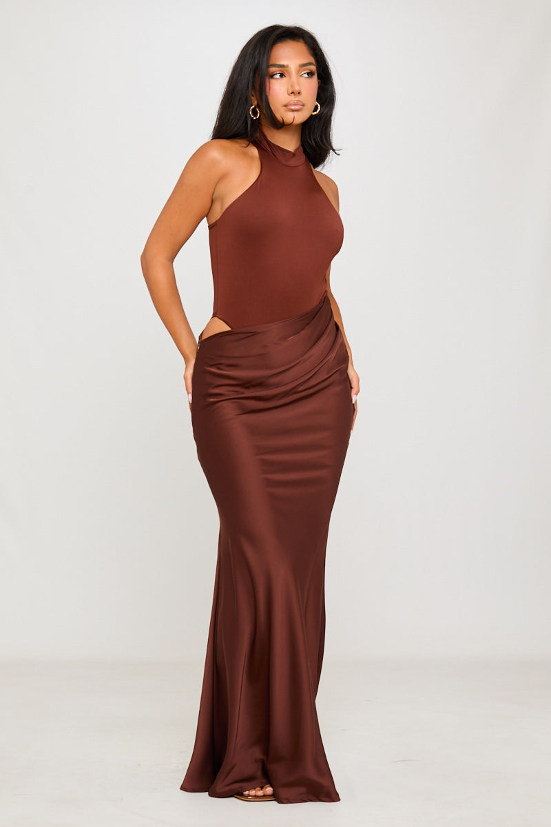 Brown Mock Neck Draped Asymmetric Maxi Dress