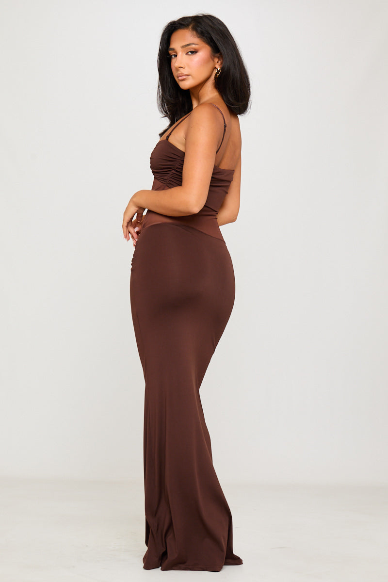 Brown Twist Detail Sheer Panel Maxi Dress