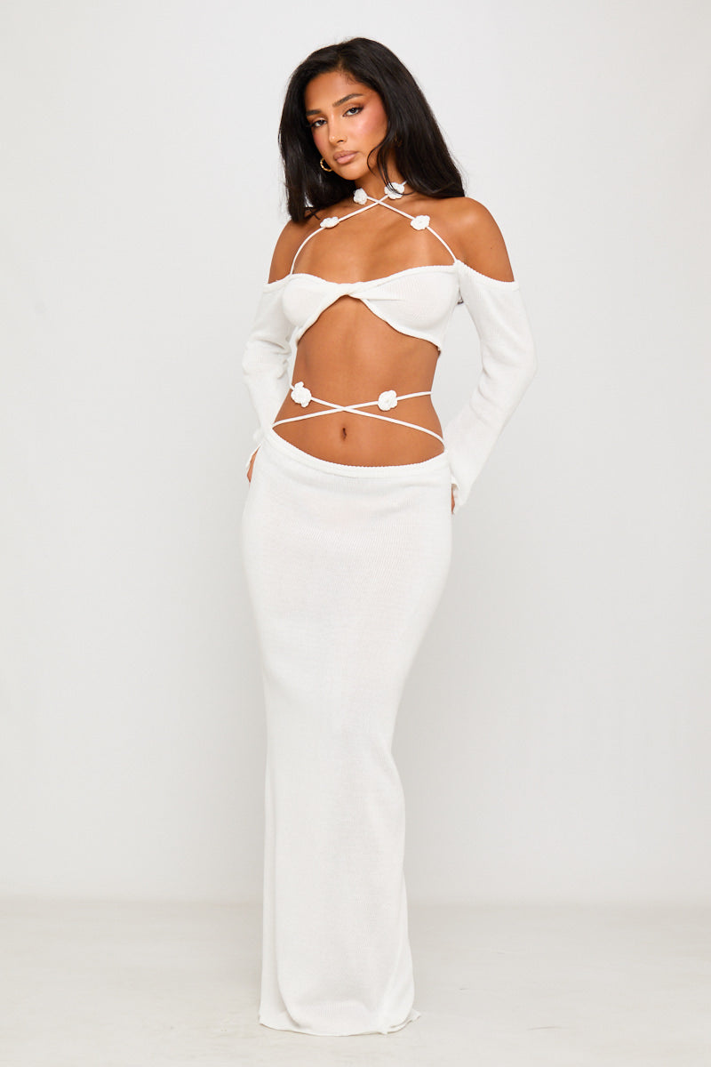 White Knit Twist Detail Halter Top & Maxi Skirt Co-Ord