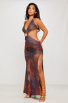 Brown Printed Flower Trim Backless Maxi Dress