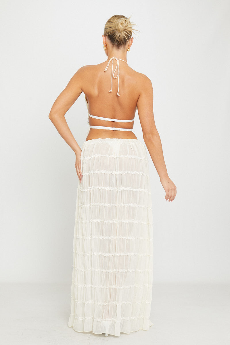 Cream Ruched Sheer Halter Top & Maxi Skirt Co-Ord