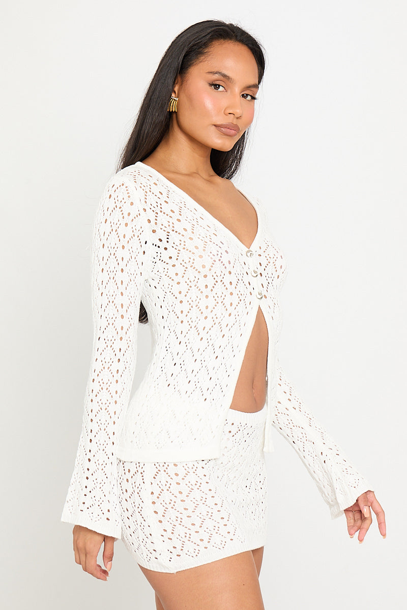 White Knit Shell Button Cardigan & Mini Skirt Co-Ord
