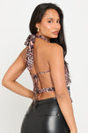 Leopard Print Plunge Halter Open Back Top 