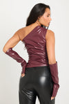 Wine Faux Leather Ruched One Shoulder Top With Sleeves