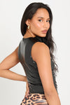 Black Faux Leather High Neck Ruched Sleeveless Top