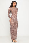 Leopard Print Sheer Mesh Long Sleeve Maxi Dress