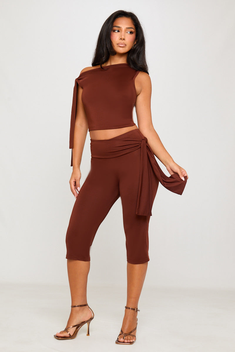 Brown One Shoulder Knot Detail Top & Capri Pants Co-Ord