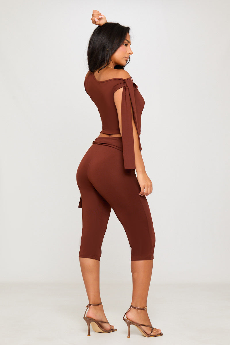 Brown One Shoulder Knot Detail Top & Capri Pants Co-Ord