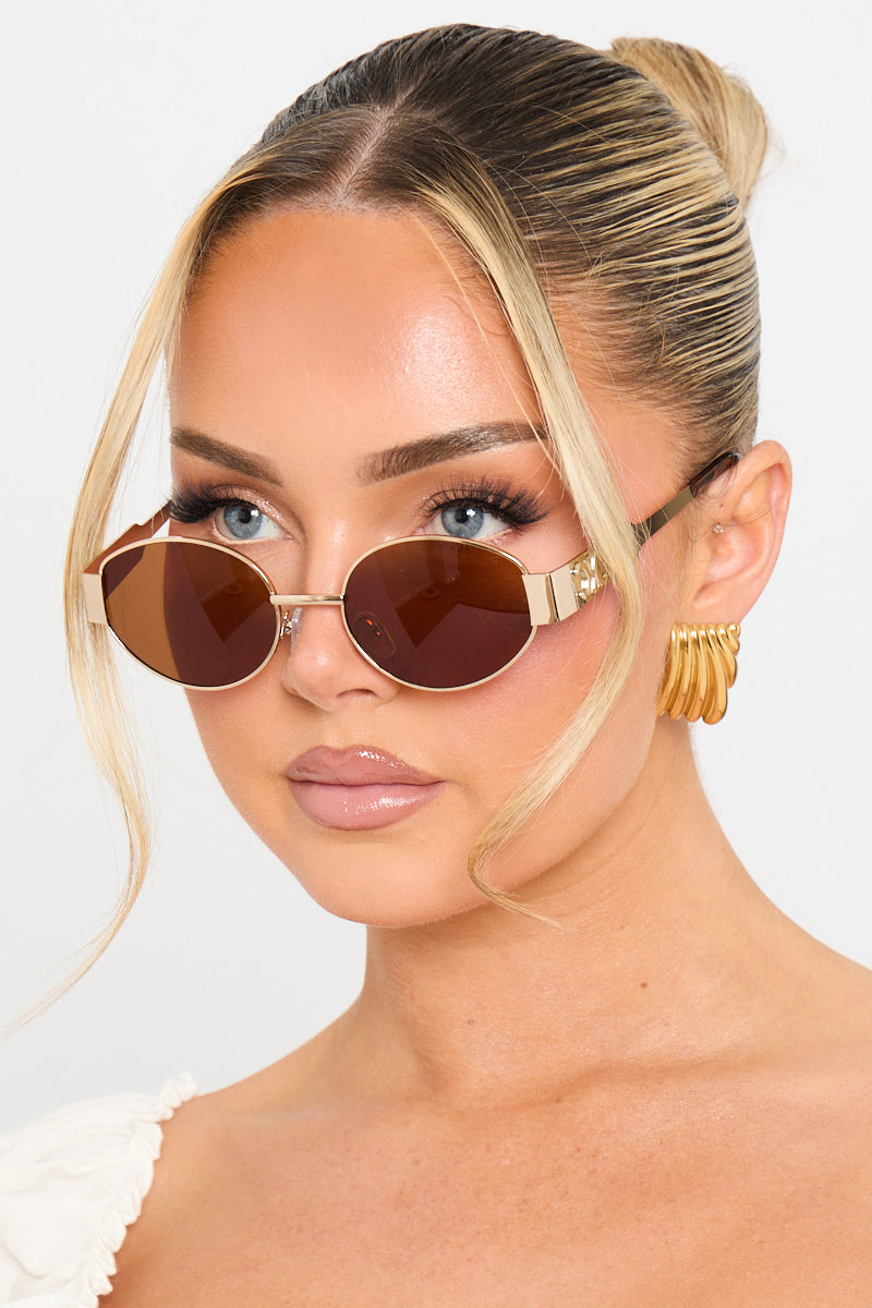 Gold Brown Metal Oval Frame Sunglasses