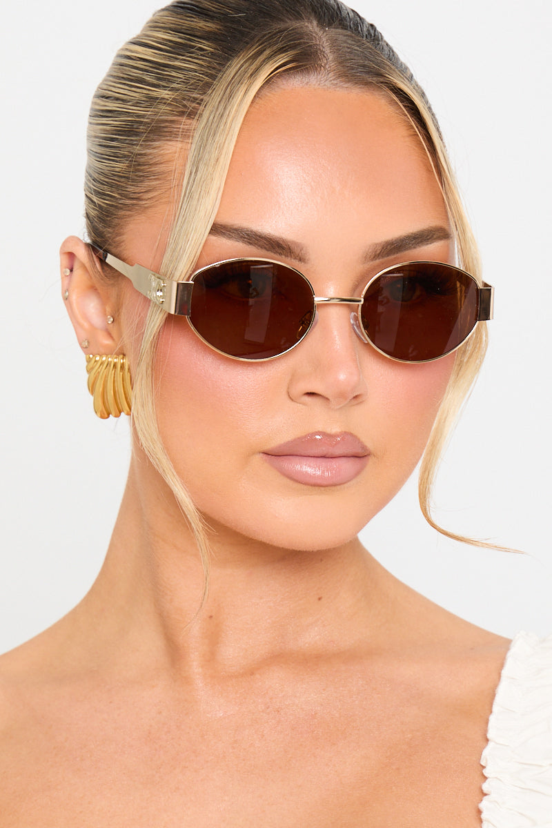 Gold Brown Metal Oval Frame Sunglasses