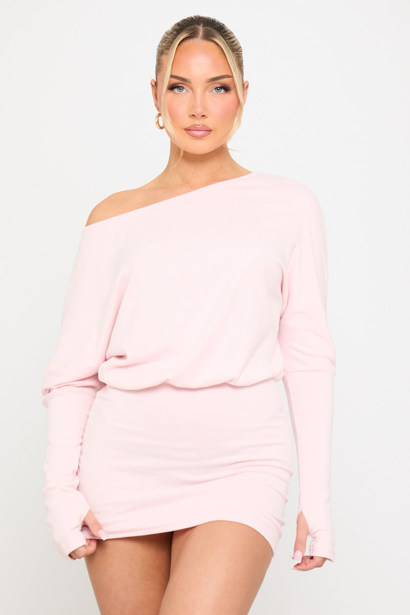 Pink Off Shoulder Knit Long Sleeve Mini Dress