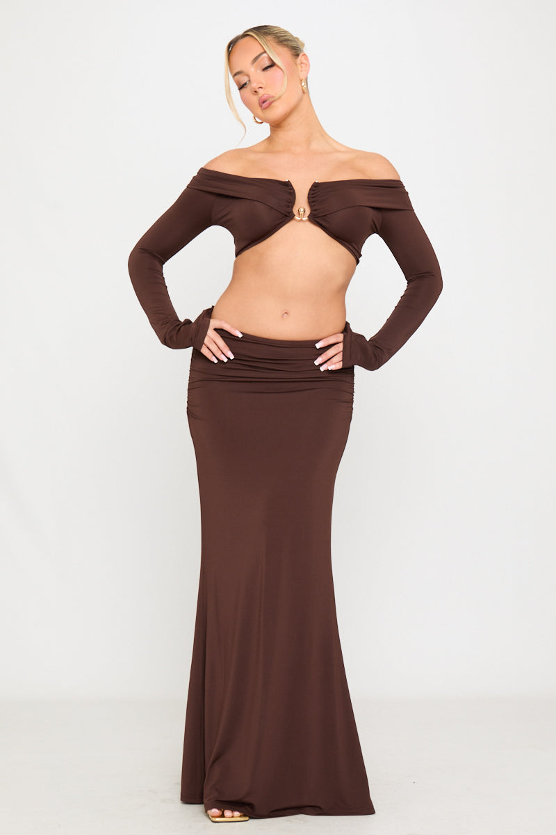 Brown Off Shoulder Top & Ruched Maxi Skirt Co-Ord
