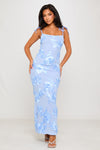 Blue Floral Embroidered Shoulder Tie Maxi Dress