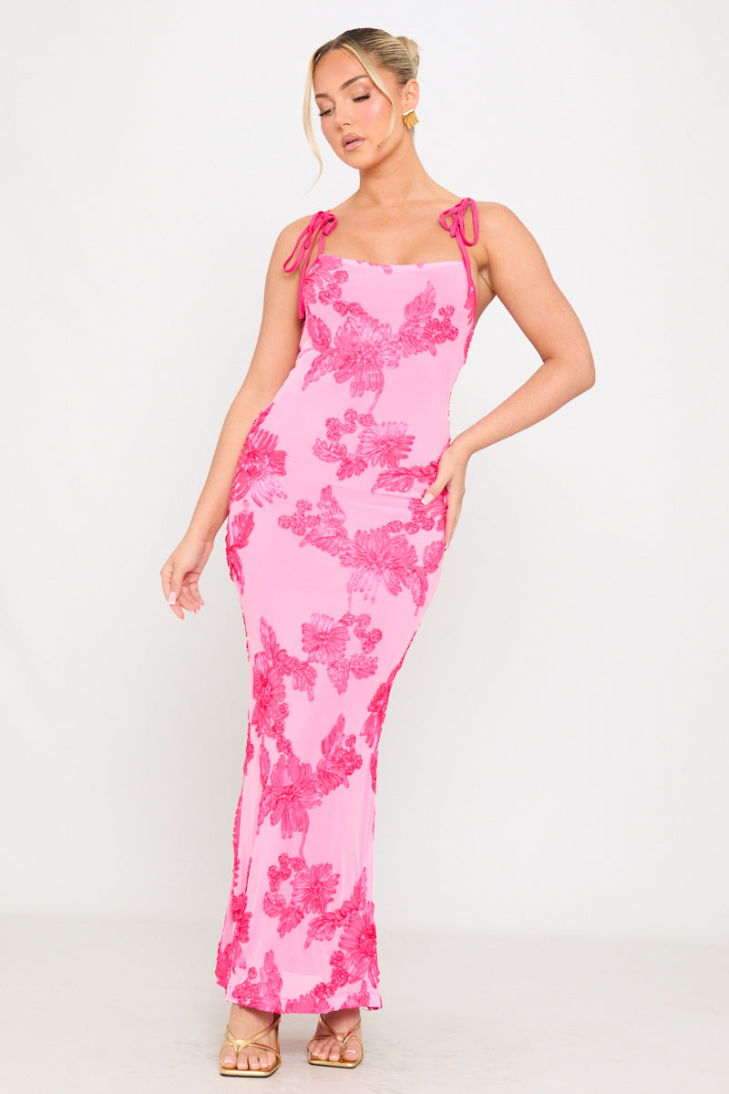 Pink Floral Embroidered Shoulder Tie Maxi Dress