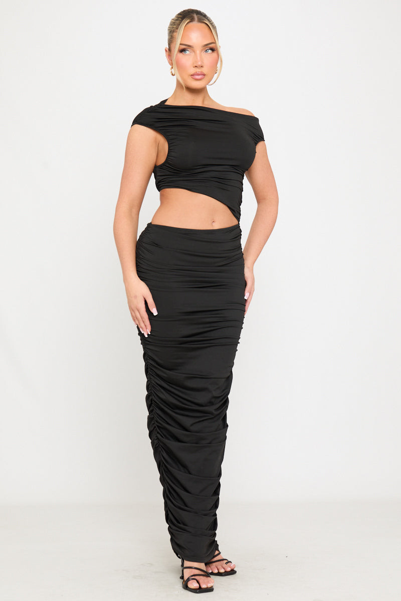 Black Ruched One Shoulder Cut Out Maxi Dress