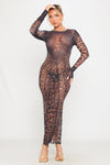 Leopard Print Sheer Long Sleeve Maxi Dress