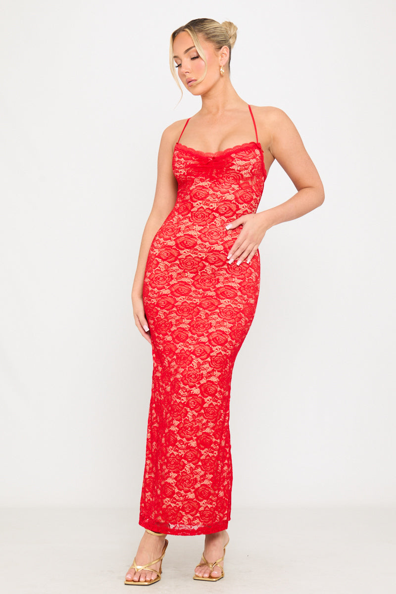 Red Lace Strappy Sweetheart Bodycon Maxi Dress