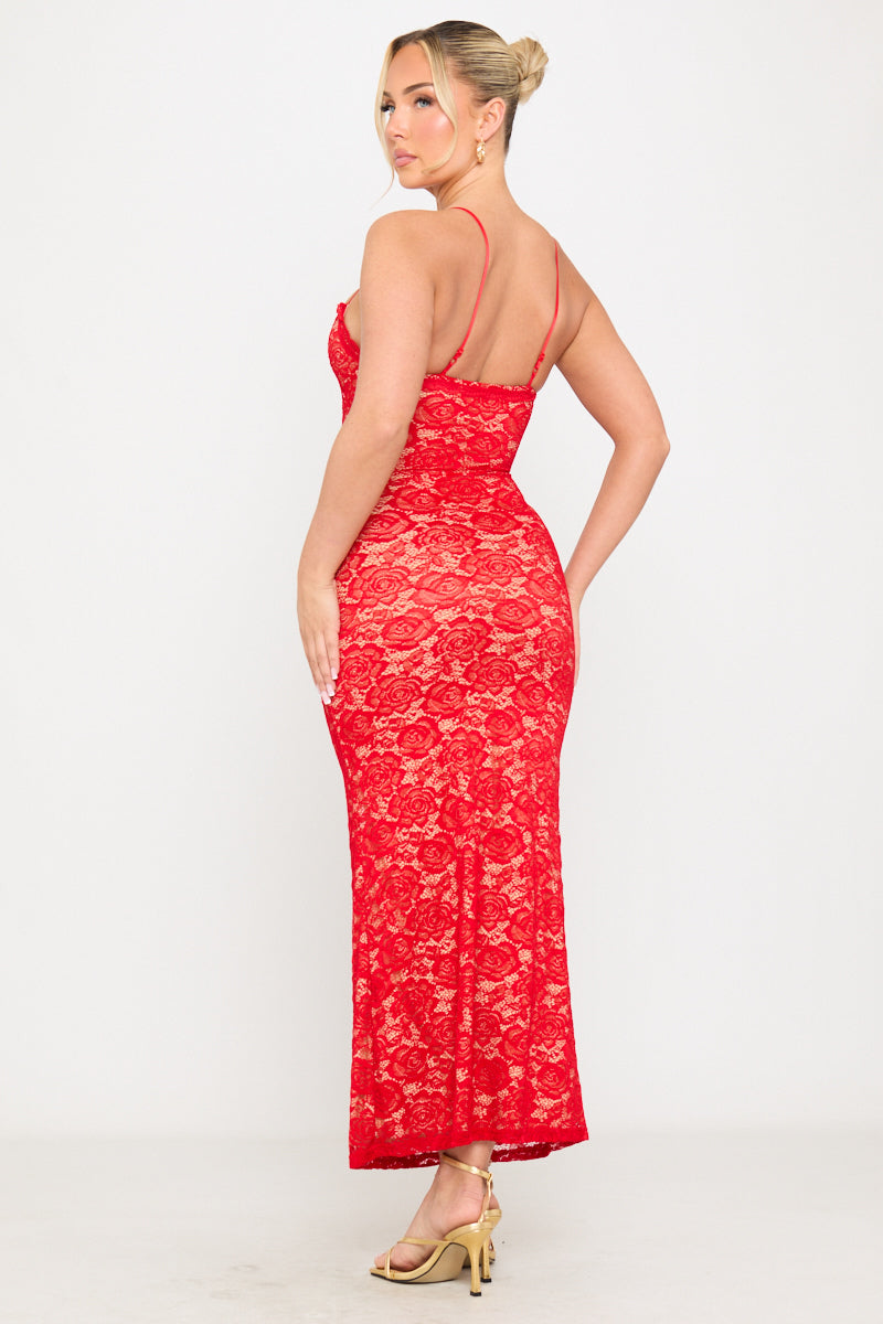 Red Lace Strappy Sweetheart Bodycon Maxi Dress