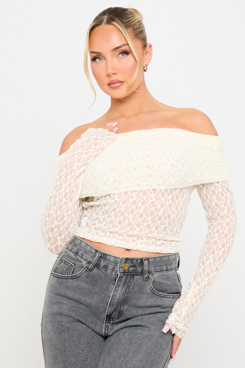 Cream Sheer Lace Off Shoulder Fold Over Top