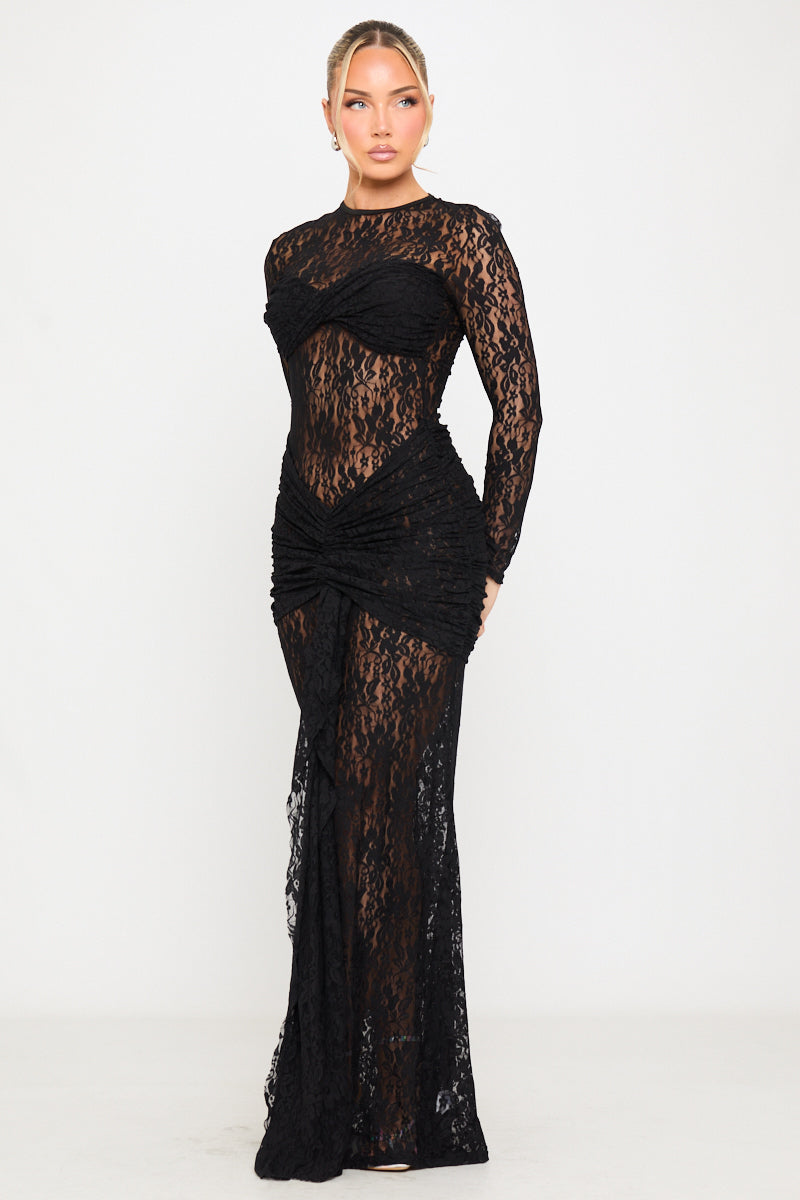 Black Sheer Lace Draped Long Sleeve Maxi Dress