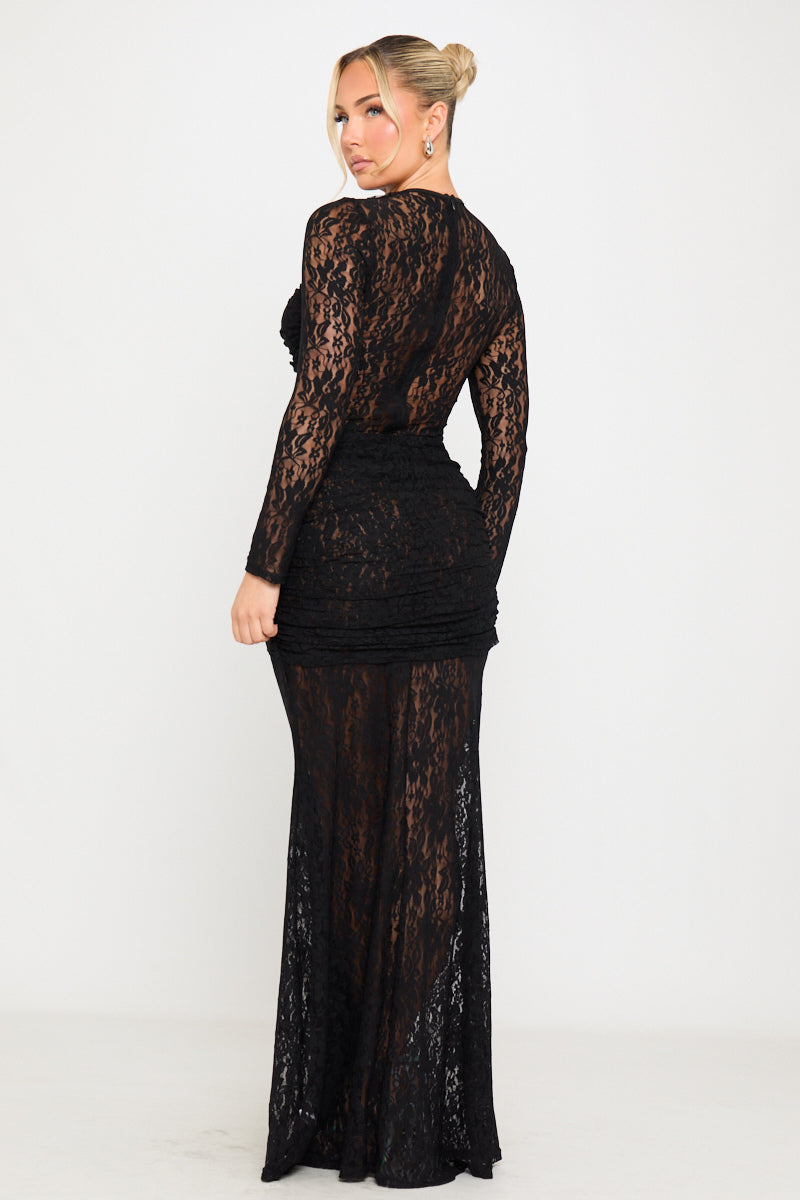 Black Sheer Lace Draped Long Sleeve Maxi Dress