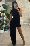 Black High Neck Ruched Draped Mini Dress