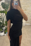 Black High Neck Ruched Draped Mini Dress