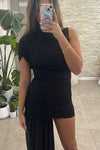 Black High Neck Ruched Draped Mini Dress