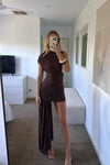 Brown High Neck Ruched Draped Mini Dress