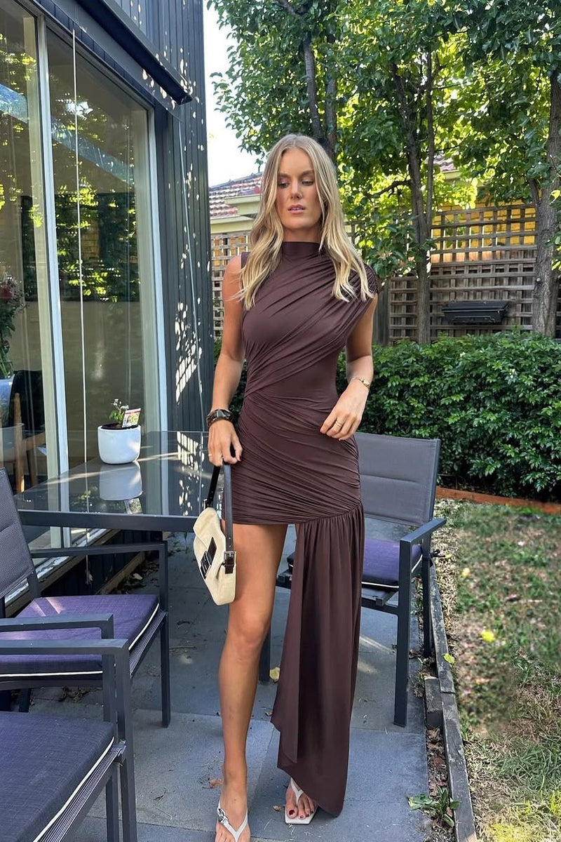 Brown High Neck Ruched Draped Mini Dress