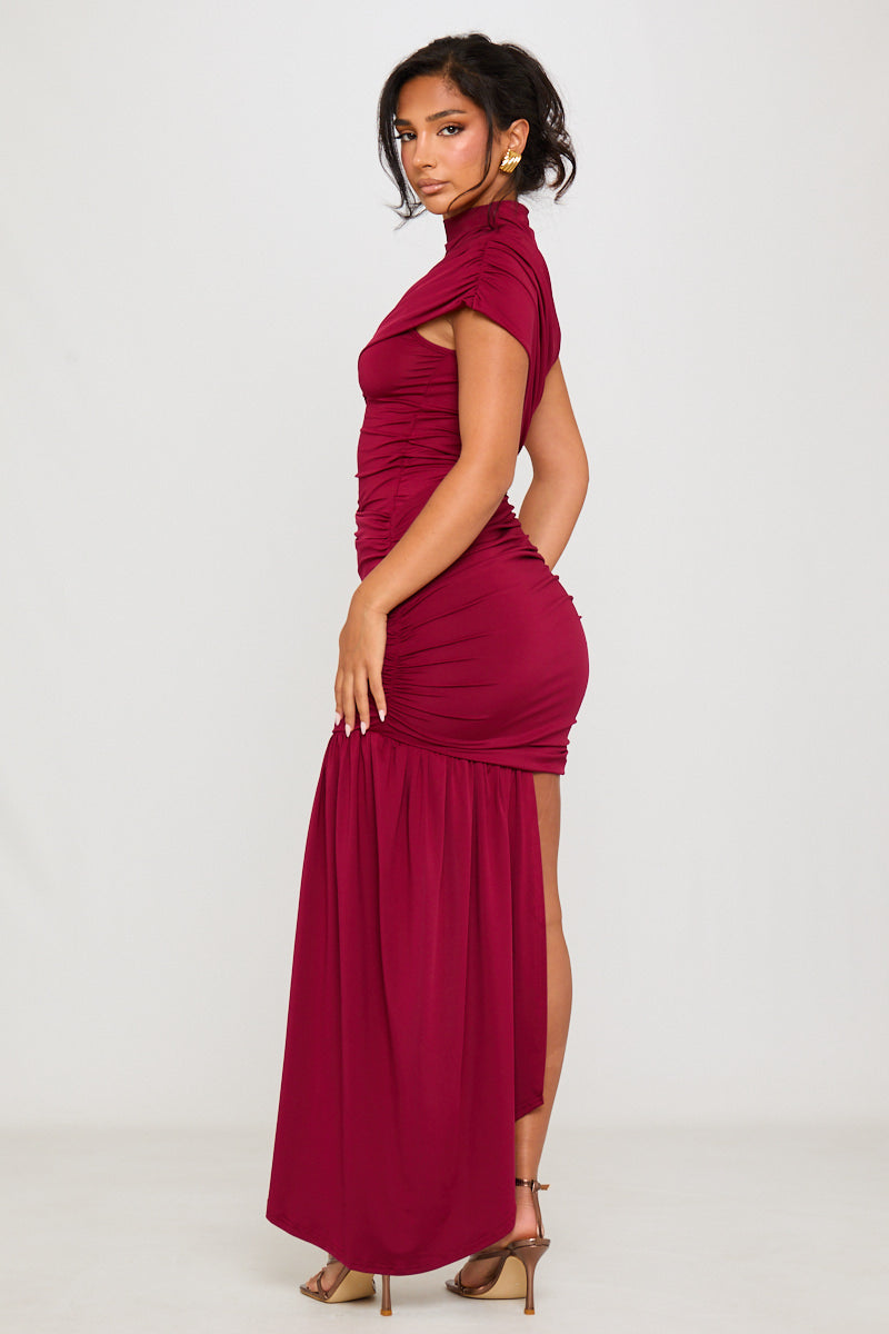 Burgundy High Neck Ruched Draped Mini Dress