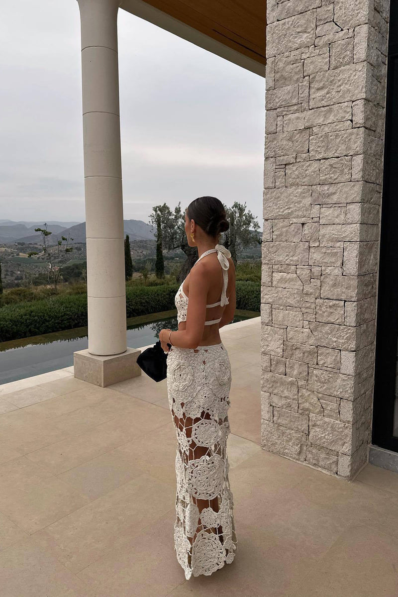White Crochet Halter Neck Cut Out Maxi Dress