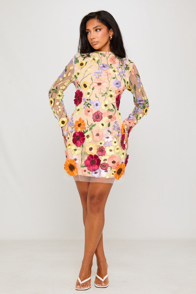Nude Floral Embroidered Open Back Mini Dress