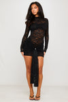 Black Lace High Neck Long Sleeve Draped Mini Dress